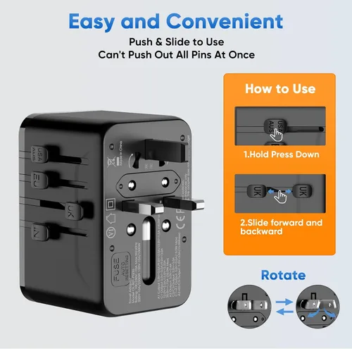 Vista 7 de Adaptador de viaje universal - Adaptador de corriente internacional de 35 W con fusible de reinicio automático, adaptador de enchufe USB-C PD