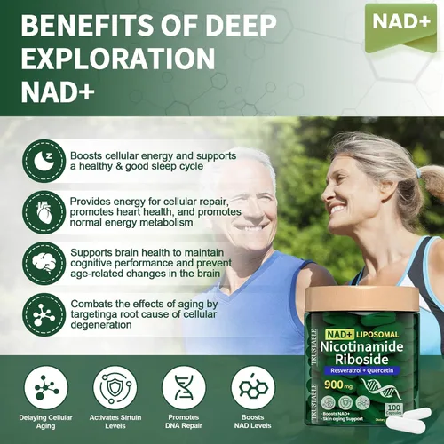 Vista 5 de Suplementos NAD para mujeres y hombres, ribósido liposomal de nicotinamida 900 mg, suplemento de resveratrol NAD, quercetina, suplemento NAD+