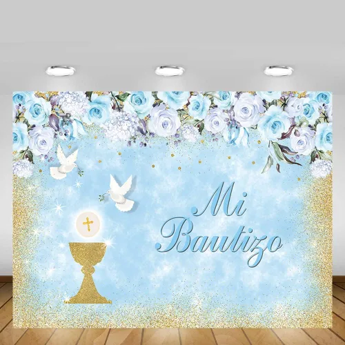 Vista 5 de MEHOFOND Mi Bautizo - Telón de fondo para fiesta de bautismo para niños, fondo de fotografía de fondo dorado con texto en inglés "Bless Bles", Azul