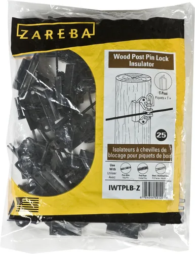 Vista 2 de Zareba Aisladores de bloqueo de pasador en T para vallas eléctricas, color negro, paquete de 25, IWTPLB-Z, incluye 25 aisladores, sujeción segura