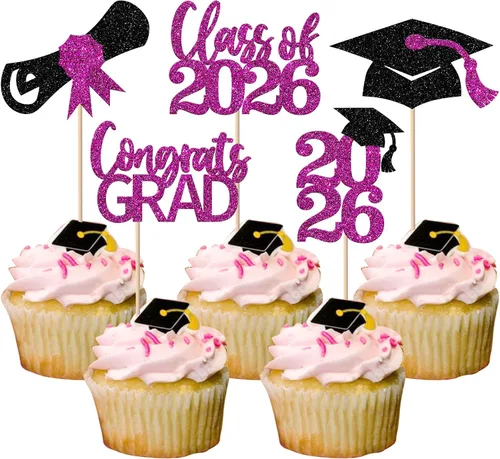 Vista 15 de Paquete de 24 adornos para cupcakes de clase de 2026 con purpurina 2026 para diploma de graduación 2026, selecciones para cupcakes para graduación