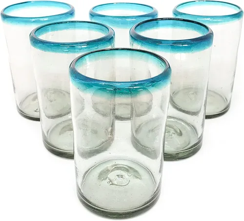 Vista 11 de Aqua Blue Rim - Juego de 6 vasos de 10 onzas (10 onzas) hecho a mano mexicana, vidrio reciclado, sin plomo, sin toxinas (mezclador)