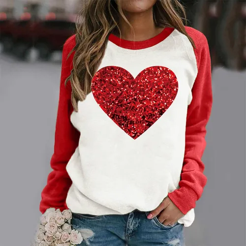 Vista 2 de Valentines Day Shirts Women Love Heart Print Graphic Tees Long Sleeve Tops Dressy Casual Crewneck Sweatshirts Blouses