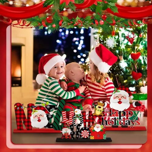 Vista 3 de Hoolerry 6 piezas de decoración de mesa de Navidad, muñeco de nieve de madera, Papá Noel, centro de mesa de Navidad, reno, noel, alegría, creer