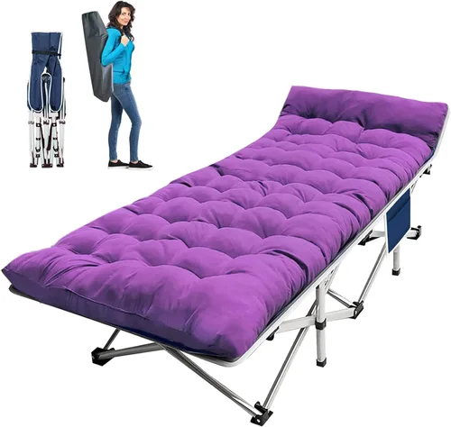 Vista 9 de Paquete de 2 catres de camping con colchón para dormir con almohadilla cómoda, cama de campamento resistente para adultos, catre plegable para casa