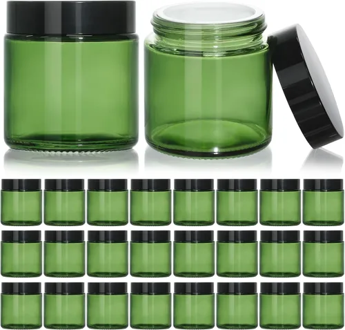 Vista 10 de KEYWING Tarros de vidrio ámbar de 1 oz con tapas negras, paquete de 36 tarros pequeños redondos de vidrio para cosméticos con forros interiores