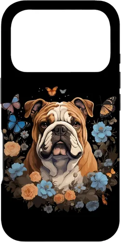 Vista 30 de Funda para iPhone 16 Bulldog Inglés con Flores y Mariposas