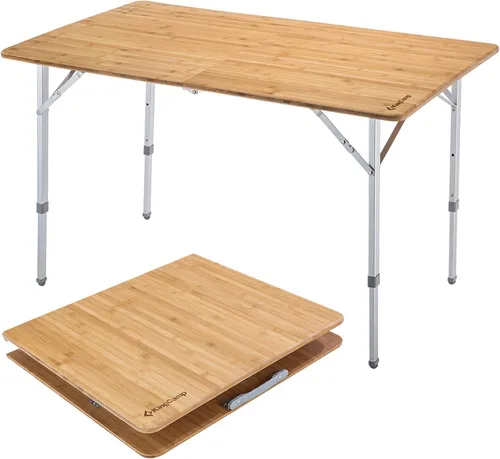 Vista 12 de KingCamp Mesa plegable de altura ajustable, 4 pliegues de bambú para acampar al aire libre, mesa de campamento portátil con bolsa de transporte