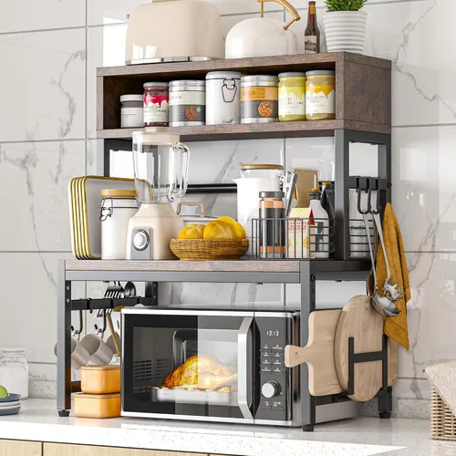 Vista 7 de EnHomee Soporte para microondas, 4 niveles con 9 ganchos para organizador de encimera de cocina, estante de microondas de 205 libras, estantes