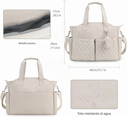 Vista 4 de Lmbabter Bolsa de pañales con cambio de estación de cambio Bolsa de bebé multifunción con correa de hombro ajustable Beige