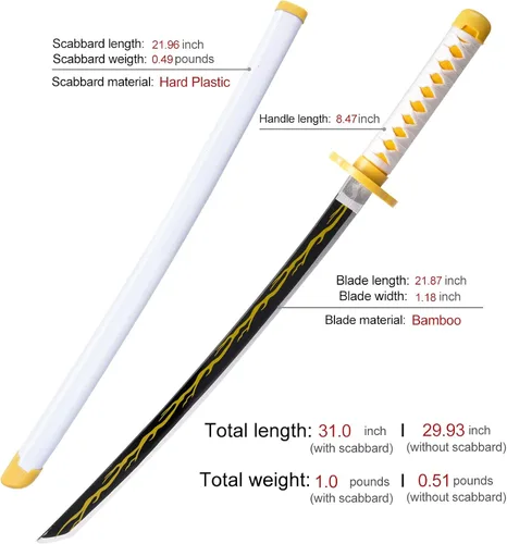 Vista 2 de Demon Slayer - Espada para niños de 31 pulgadas, hoja de bambú con cinturón y soporte de espada, espada de anime de textura original, Katana Demon