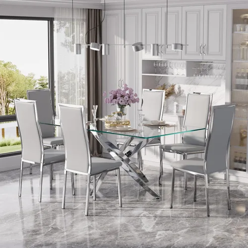 Vista 10 de Juego de mesa de comedor de cristal dorado moderno de 63 pulgadas para 6, juego de mesa de cocina rectangular de 7 piezas con patas de acero Negro