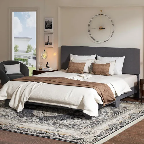 Vista 12 de WEEWAY Base de cama de plataforma tapizada completa con cabecero ajustable y listones de madera fuertes, base de colchón resistente, no necesita