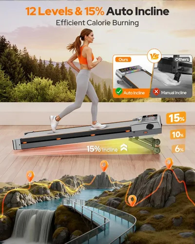 Vista 3 de Trisomy - Caminadora con 15% de inclinación de 12 niveles y pantalla de interfaz de usuario, caminadora plegable Trisomy de 3.5 HP para debajo