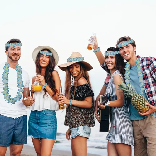 Vista 5 de 48 piezas de Leis hawaianos gruesos a granel, revelación de género Leis Blue Jumbo 12 diademas 24 pulseras, 12 collares florales para fiesta Luau