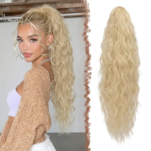 Vista 17 de FESHFEN Extensiones de cola de caballo – 26 pulgadas cordón largo rizado ondulado clip en colas de caballo pelo sintético extensiones de cola