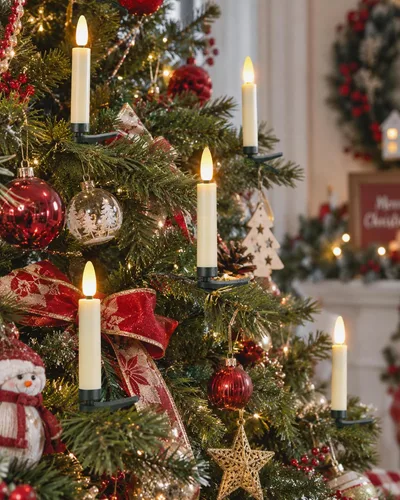 Vista 7 de FPOO 20 velas de árbol de Navidad, luces parpadeantes, con clip, funciona con pilas, velas cónicas con temporizador, mini velas sin llama para Blanco