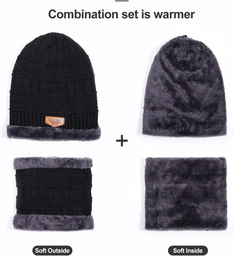Vista 3 de Conjunto de bufanda y gorro de invierno, gorro cálido con forro polar, gorro de punto grueso para hombres y mujeres Negro