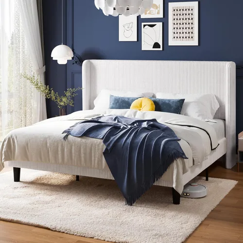 Vista 13 de Allewie Marco de cama tamaño completo con cabecera tapizada tipo wingback, cama plataforma de terciopelo de pana con capitoné de canales verticales