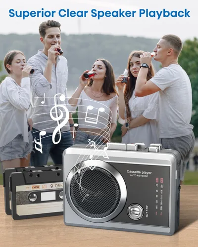 Vista 6 de Reproductor de grabadora de casete portátil y radio AM/FM, reproductor de cinta de casete compacto con conector para auriculares de 0.138 in