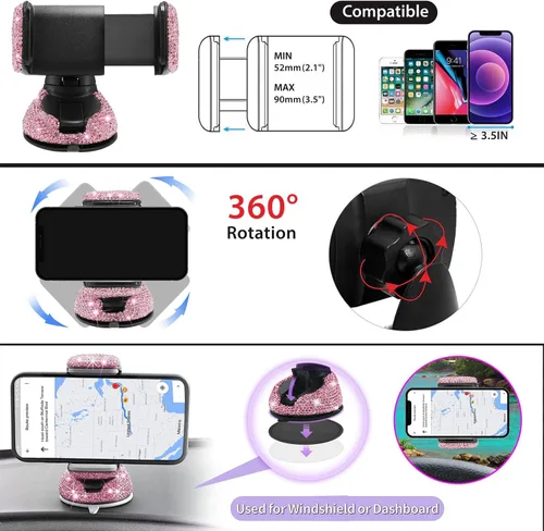 Vista 4 de Juego de accesorios brillantes para auto MAIMEIMI para mujeres con decoraciones de strass para interior con fundas para volante, marco