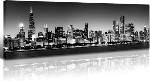 Vista 22 de JiazuGo Phoenix Skyline Arte de Pared en Lienzo - Paisaje Urbano de Arizona Enmarcado (14x48 Pulgadas) Negro y Blanco con Amarillo, Decoración