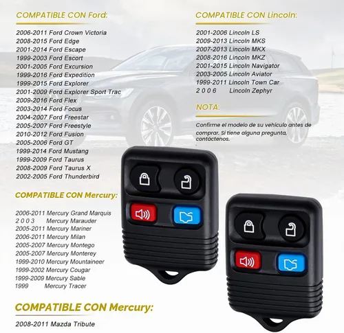 Vista 6 de Recambio de control remoto para entrada sin llave, compatible con Escape, Focus, Fusion, Mustang, Taurus, Explorer, Lincoln, Mercury Llavero