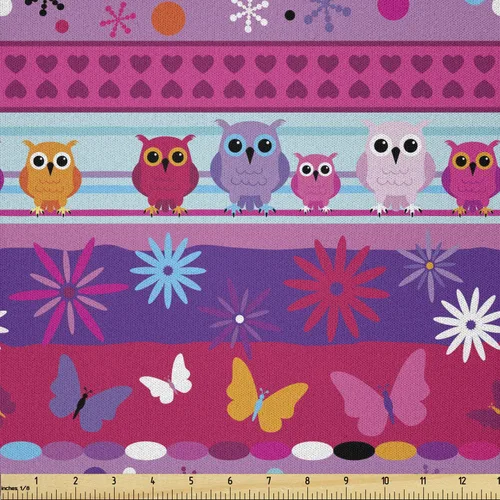 Vista 114 de Ambesonne Tela para Amantes de los Perros por Yarda, Perro Salchicha de Dibujos Animados Dachshund Cachorro con Pijamas a Rayas Flores y Mariposas