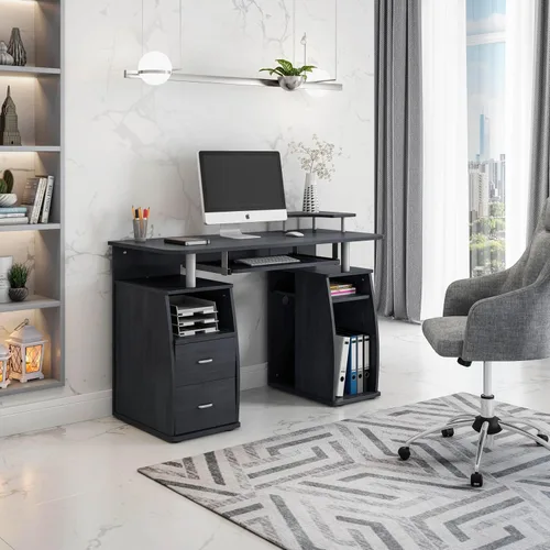Vista 2 de Techni Mobili Escritorio para computadora de 47 pulgadas de ancho con cajones y almacenamiento, escritorio de oficina con estante para impresora