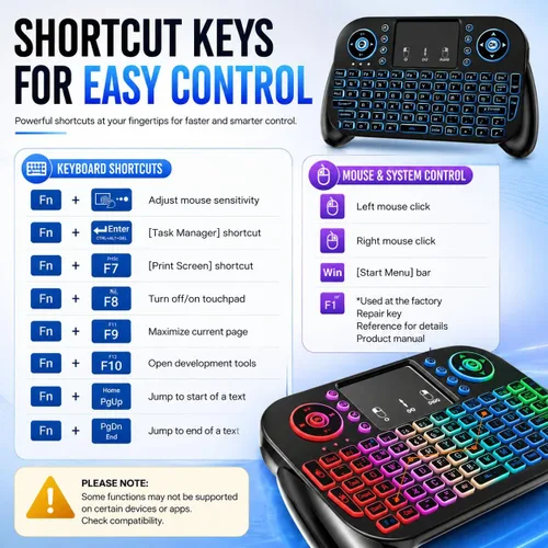 Vista 8 de Mini teclado inalámbrico con panel táctil, Bluetooth + control remoto RF de 2.4 GHz, teclado recargable retroiluminado de 7 colores para Smart TV
