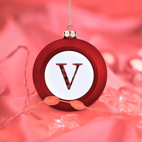 Vista 7 de Adorno de bola de Navidad con letra del alfabeto inglés, búfalo negro, rojo, a cuadros, letra V, adornos de recuerdo de recuerdo para árbol