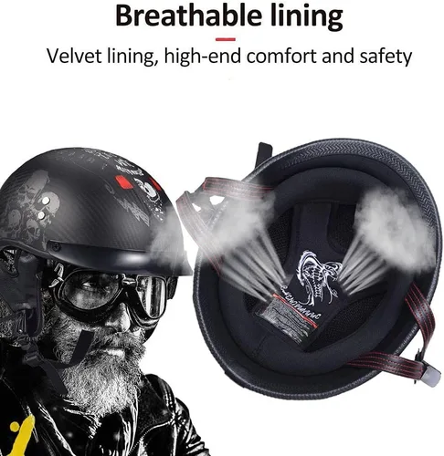 Vista 4 de Casco de motocicleta de cuero alemán SWSAL de cara media, 100% aprobado por DOT/ECE, casco de media carátula con gafas, casco retro de cara abierta
