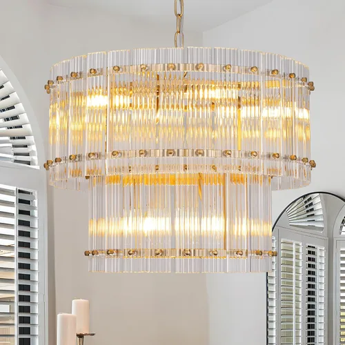 Vista 9 de TOCHIC Candelabro de cristal dorado de 6 luces, lámpara moderna de granja de 2 niveles para comedor, lámpara colgante para sala de estar