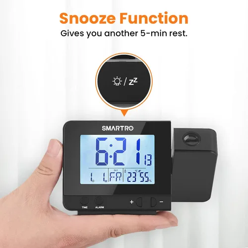 Vista 9 de SMARTRO - Reloj despertador digital de proyección para dormitorios con termómetro interior higrómetro, cargador USB, proyector de mesita de noche