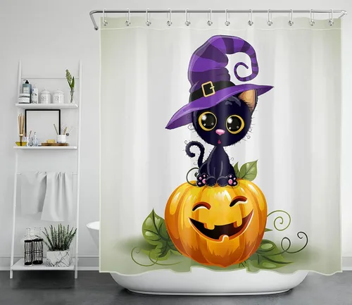 Vista 11 de LB Cortina de ducha de Halloween, cementerio de terror, fantasma, gatos negros en árbol, calabaza, cortinas de ducha para baño con ganchos, 60 x 72