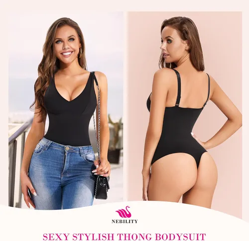 Vista 3 de Nebility Entrenador de cintura para mujer faja moldeadora de cuerpo sexy cuello en V profundo tanga con control de abdomen