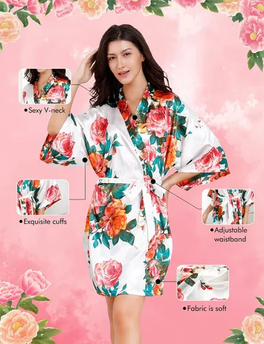 Vista 4 de EPLAZA Bata de satén sedoso floral para mujer, para boda, fiesta, novia, dama de honor, kimono, ropa de descanso, vestidos de vestir