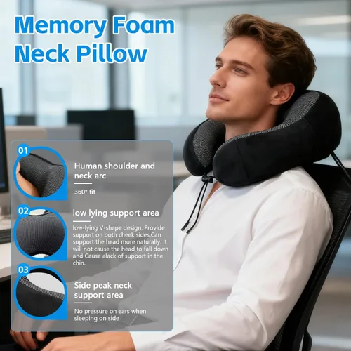 Vista 2 de Almohada de avión, almohada de cuello de viaje con espuma viscoelástica, hebilla ajustable y funda lavable a máquina para soporte de cuello