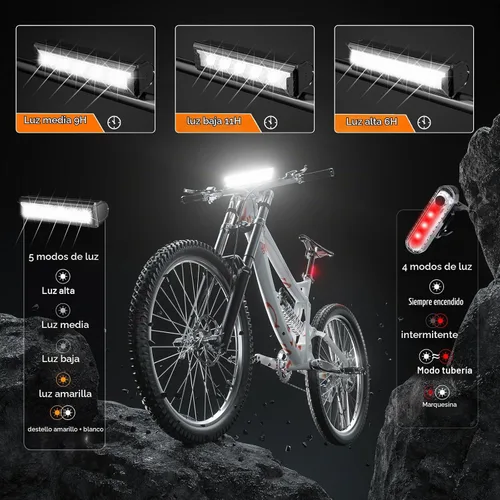 Vista 3 de Luces de bicicleta para conducción nocturna recargables de 9500 lúmenes, luces delanteras y traseras recargables, 5 modos ajustables, 5 faros