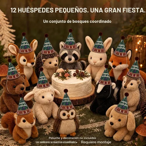 Vista 6 de Vesil Mini sombreros de fiesta para niños, 12 sombreros de cumpleaños de estilo de animales de peluche, decoración de mesa de bosque, tapas de Diy