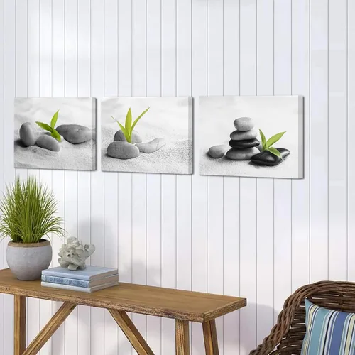 Vista 4 de Biuteawal 3 piezas de lienzo zen para decoración de baño, piedra zen con planta verde, impresión pacífica de naturaleza muerta, pintura moderna