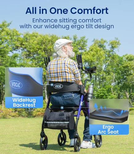Vista 8 de VOCIC Caminantes para personas mayores, andador vertical con reposabrazos ajustables, Z22 GelCool Stand Up Walker con asiento y respaldo Ergo