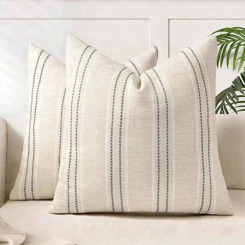 Vista 34 de AELS Fundas de Almohada Decorativas de Lino Estilo Granja de 16x16, Funda de Almohada con Textura Boho, Juego de 2, Beige con Rayas de Hilo Teñido