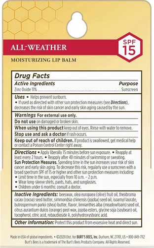 Vista 4 de Burt's Bees Bálsamo labial All Weather SPF 15, hidratante labial resistente al agua, sin tinte, tratamiento acondicionador natural, 2 tubos, 0.15