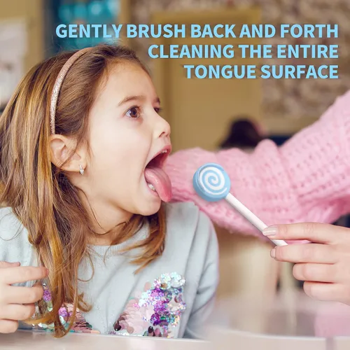 Vista 5 de Y-Kelin Raspador de lengua para niños de 2 a 8 años, limpiador de silicona 100% libre de BPA, linda paleta con asas fáciles de agarrar y fundas