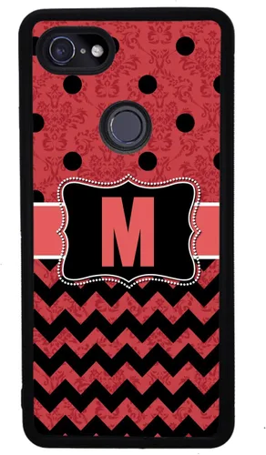 Vista 4 de Funda de goma negra con diseño de lunares Chevron Damasco rojo y negro con inicial negra compatible con Google Pixel 10, 10 Pro, 10 Pro XL, 9a, 9