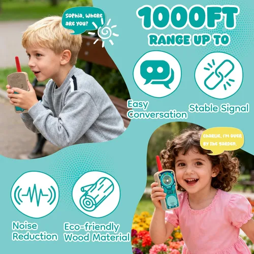 Vista 3 de Walkie Talkie Robot de madera para niños de 3 a 8 años, paquete de 2 radios de 2 vías con certificación FSC con rango de 1000 pies, fácil de empujar