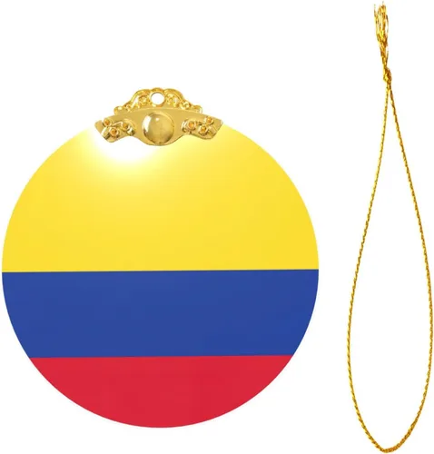 Vista 2 de Colgante redondo de adorno navideño de cristal con estampado de bandera de Colombia con detalles dorados y plateados para colgar la decoración