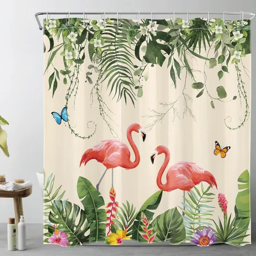 Vista 13 de EOBTAIN Cortina de ducha de hojas de plantas tropicales para baño, flamenco rosa y mariposa azul con hojas de palma en beige, cortina de ducha con 8