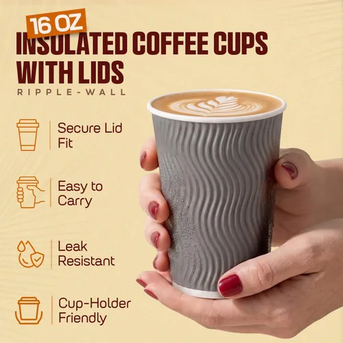 Vista 2 de Paquete de 100 tazas de café aisladas de 16 onzas con tapas, tazas de café Gris
